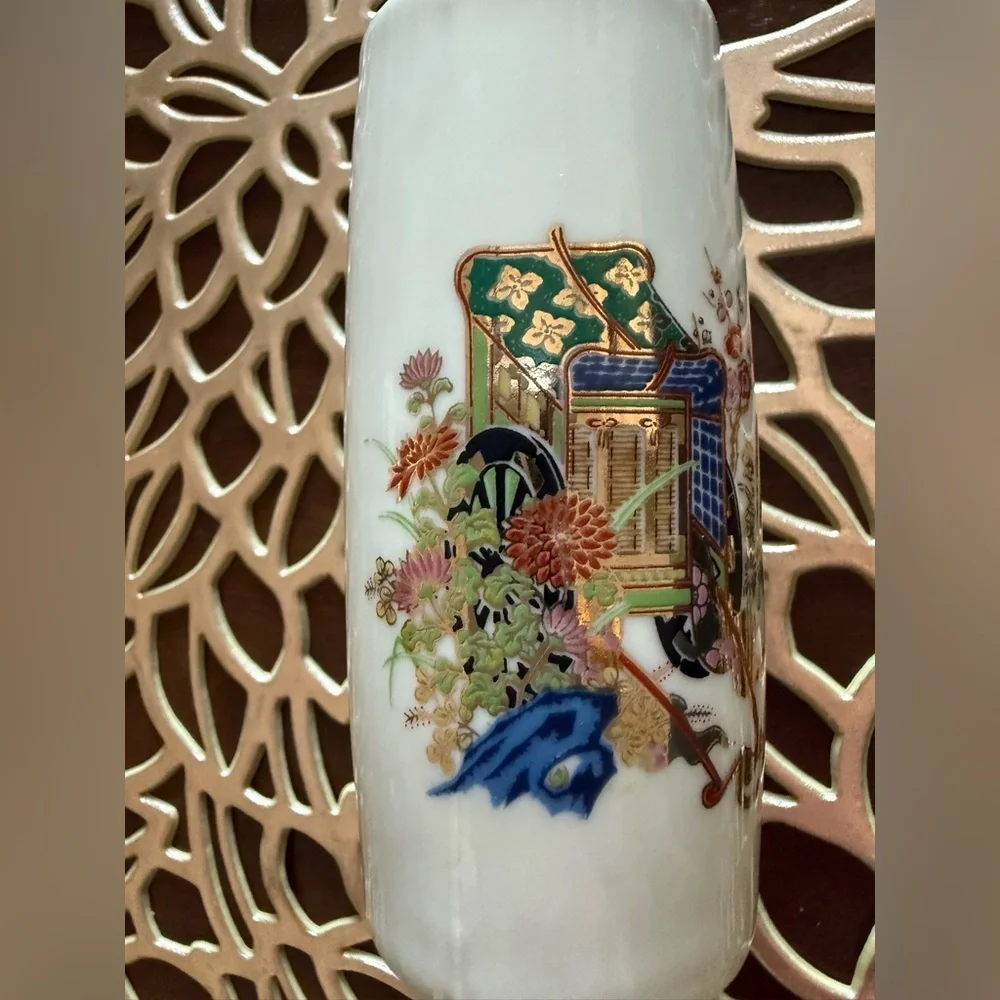 Vintage Japanese Ceramic Miniature Vase with Rickshaw Design